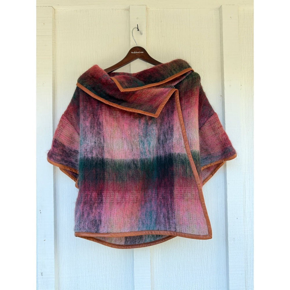 SUNO New York Plaid Mohair Wool Wrap Cape Poncho Leather Trim Pink Green XS Rare